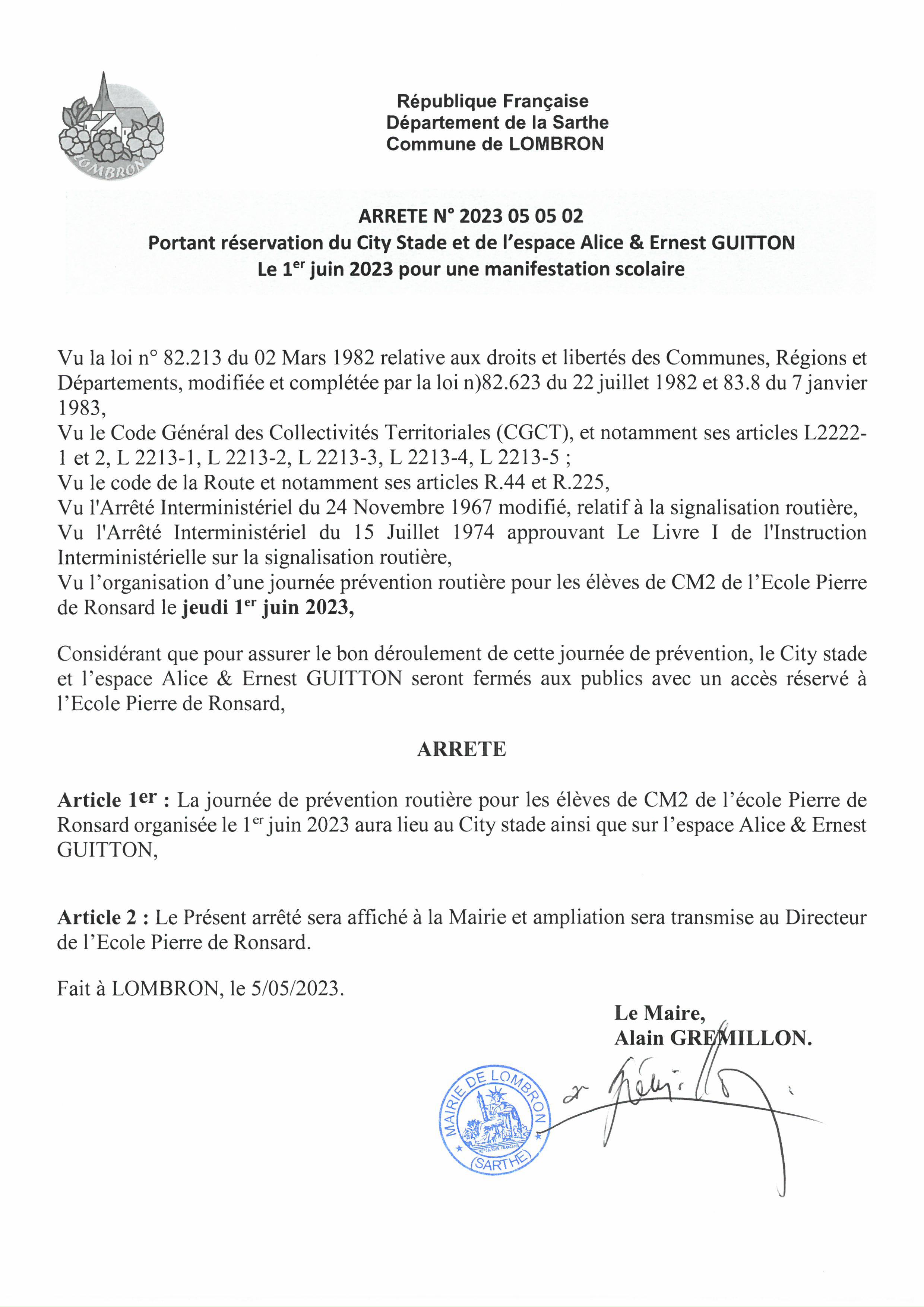 Arrêté portant réservation du city stade et de l'espace Alice & Ernest GUITTON